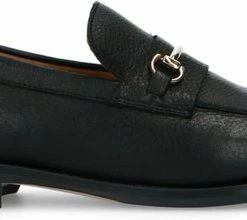 Manfield - Dames - Zwarte Leren Loafers Met Goudkleurig Detail - Maat 39