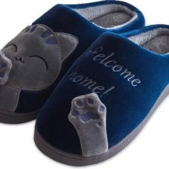 Geweo Home Sloffen - Open Sloffen - Kerstmis - Kerstfeest - Christmas Gift - Koraal Fleece Pantoffels Dames - Leuk Katje - Blauw - Maat 35/36