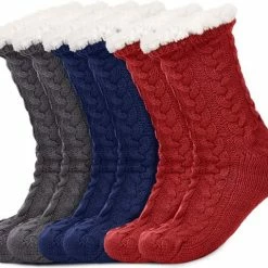 JAXY Huissokken - Huissokken Dames En Heren - Verwarmde Sokken - Anti Slip Sokken - Fleece Sokken - Dikke Sokken - Fluffy Sokken - Slofsokken - Warme Sokken - Bedsokken - Gevoerde Sokken - Winter Sokken - 3 Paar - Blauw, Grijs En Rood
