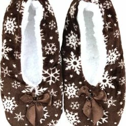 Merkloos Pantoffels Dames - Wollen Sloffen - Antislip - Sneeuwvlokjes - Bruin - Maat 38-42