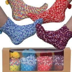 Cadovara Cupcake Sokken - Fluffy Huissokken - Zachte Bedsokken - One Size - Cadeauverpakking - Multicolor/Rood/Lichtblauw/Paars